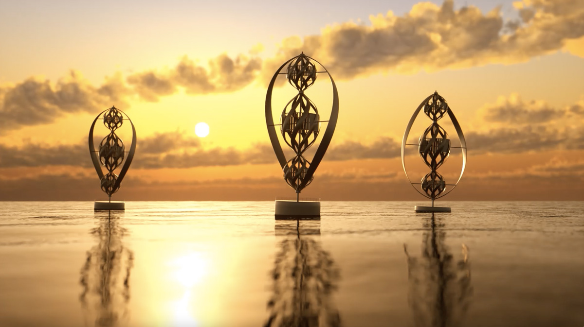 Ocean based vertical axis wind turbines in the golden light of sunset